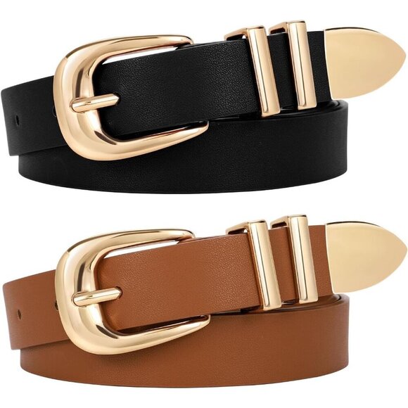 Women Leather Belt 2-Pack Western Waist Belts for Jeans with Gold/Silver Buckle main image 5
